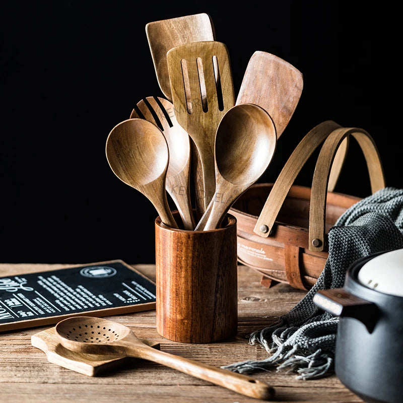 Teak Wood Kitchen Utensil Set — 9 Pieces with Holder — photo 1