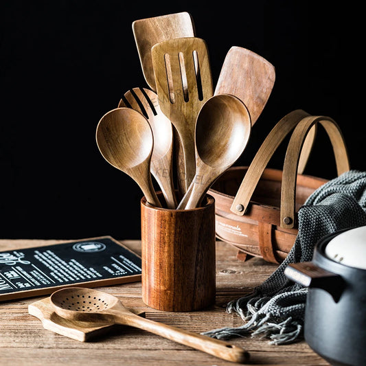 Teak Wood Kitchen Utensil Set — 9 Pieces with Holder — photo 1