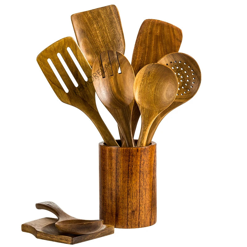 Teak Wood Kitchen Utensil Set — 9 Pieces with Holder — photo 6