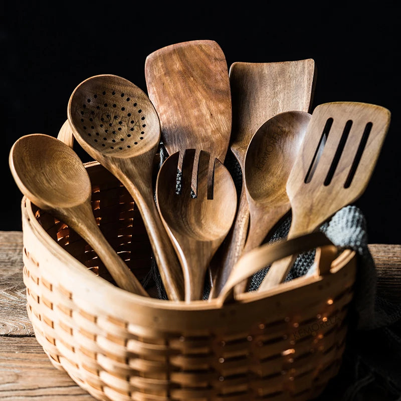 Teak Wood Kitchen Utensil Set — 9 Pieces with Holder — photo 3