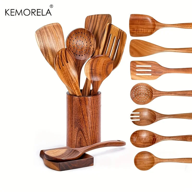 Teak Wood Kitchen Utensil Set — 9 Pieces with Holder — photo 2